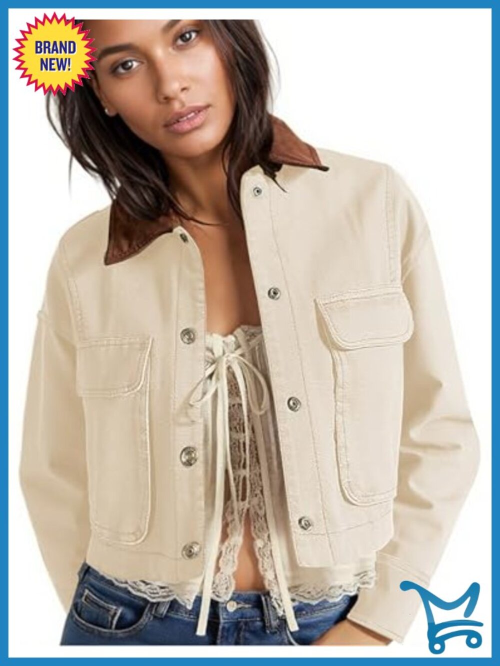 Cropped Barn Jacket for Women Cotton Canvas Cargo Jacket Long Sleeve Button